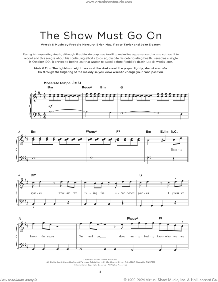 The Show Must Go On, (beginner) sheet music for piano solo by Queen, Brian May, Freddie Mercury, John Deacon and Roger Taylor, beginner skill level