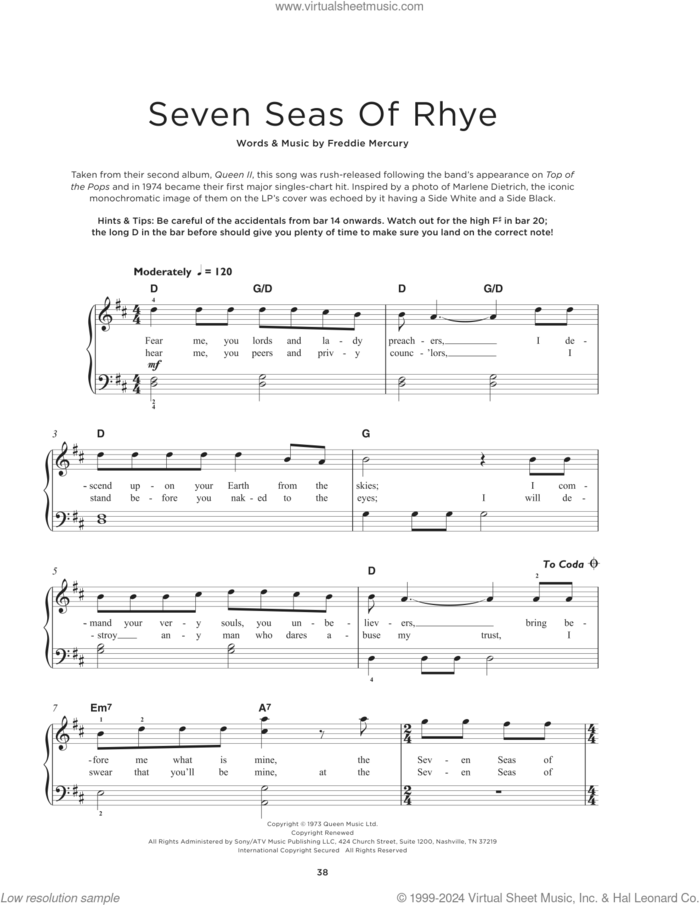 Seven Seas Of Rhye, (beginner) sheet music for piano solo by Queen and Freddie Mercury, beginner skill level