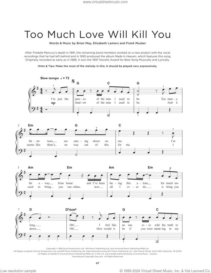 Too Much Love Will Kill You, (beginner) sheet music for piano solo by Queen, Brian May, Elizabeth Lamers and Frank Musker, beginner skill level