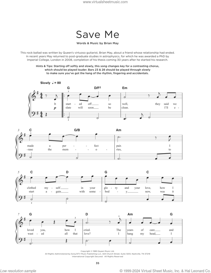Save Me, (beginner) sheet music for piano solo by Queen and Brian May, beginner skill level