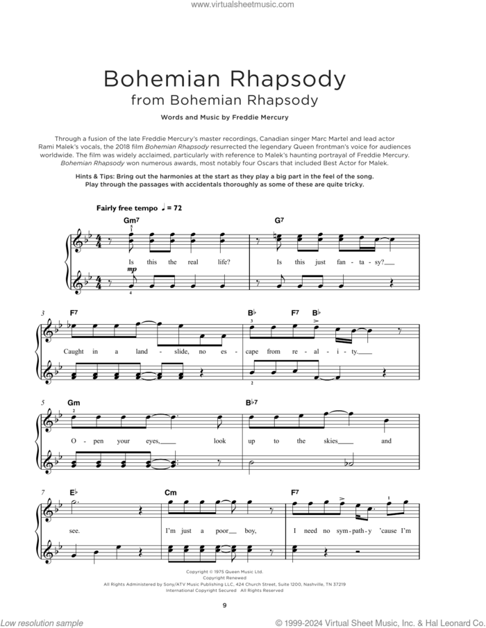 Bohemian Rhapsody sheet music for piano solo by Queen and Freddie Mercury, beginner skill level