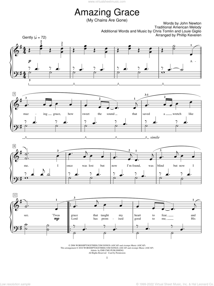 Amazing Grace (My Chains Are Gone) (arr. Phillip Keveren) sheet music for piano solo (elementary) by Chris Tomlin, Phillip Keveren, John Newton, Louie Giglio and Miscellaneous, beginner piano (elementary)