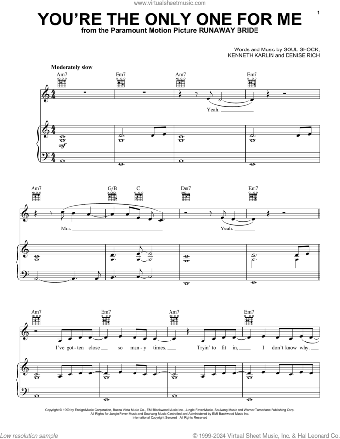 You're The Only One For Me sheet music for voice, piano or guitar by Allure, Denise Rich, Kenneth Karlin and Soul Shock, intermediate skill level