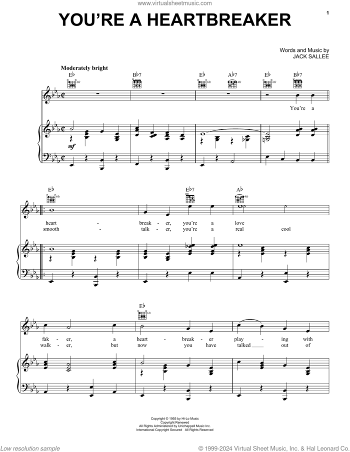 You're A Heartbreaker sheet music for voice, piano or guitar by Elvis Presley and Jack Sallee, intermediate skill level