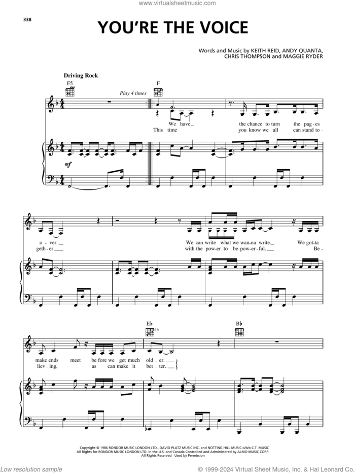You're The Voice sheet music for voice, piano or guitar by Rebecca St. James, John Farnham, Andy Qunta, Chris Thompson, Keith Reid and Maggie Ryder, intermediate skill level