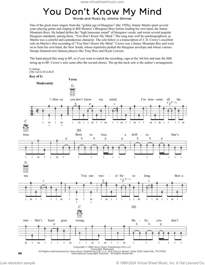 You Don't Know My Mind (arr. Fred Sokolow) sheet music for banjo solo by Jimmie Skinner and Fred Sokolow, intermediate skill level