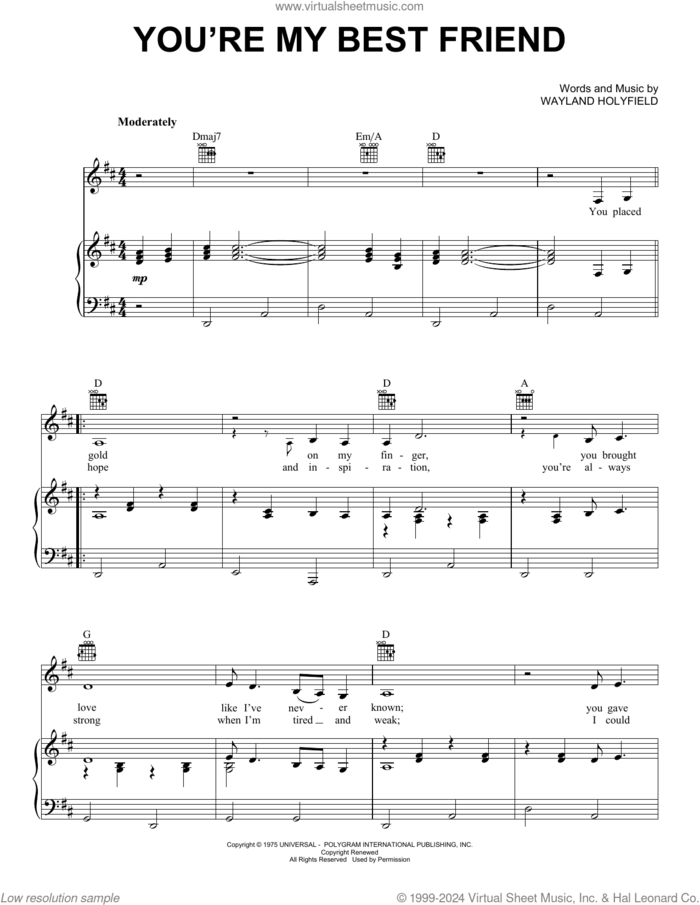 You're My Best Friend sheet music for voice, piano or guitar by Don Williams and Wayland Holyfield, intermediate skill level