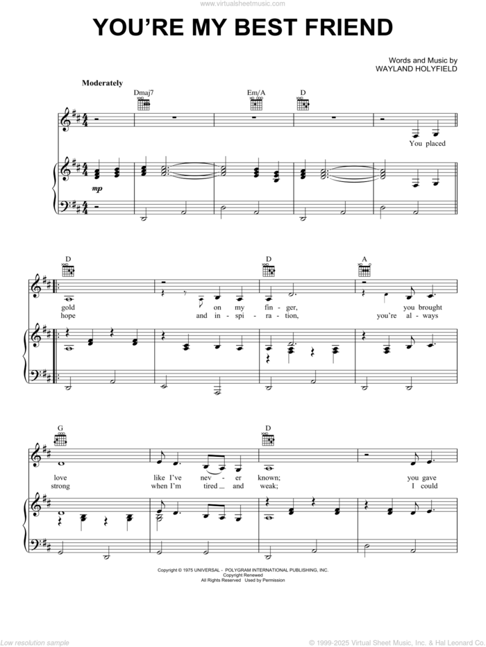 You're My Best Friend sheet music for voice, piano or guitar by Don Williams and Wayland Holyfield, intermediate skill level