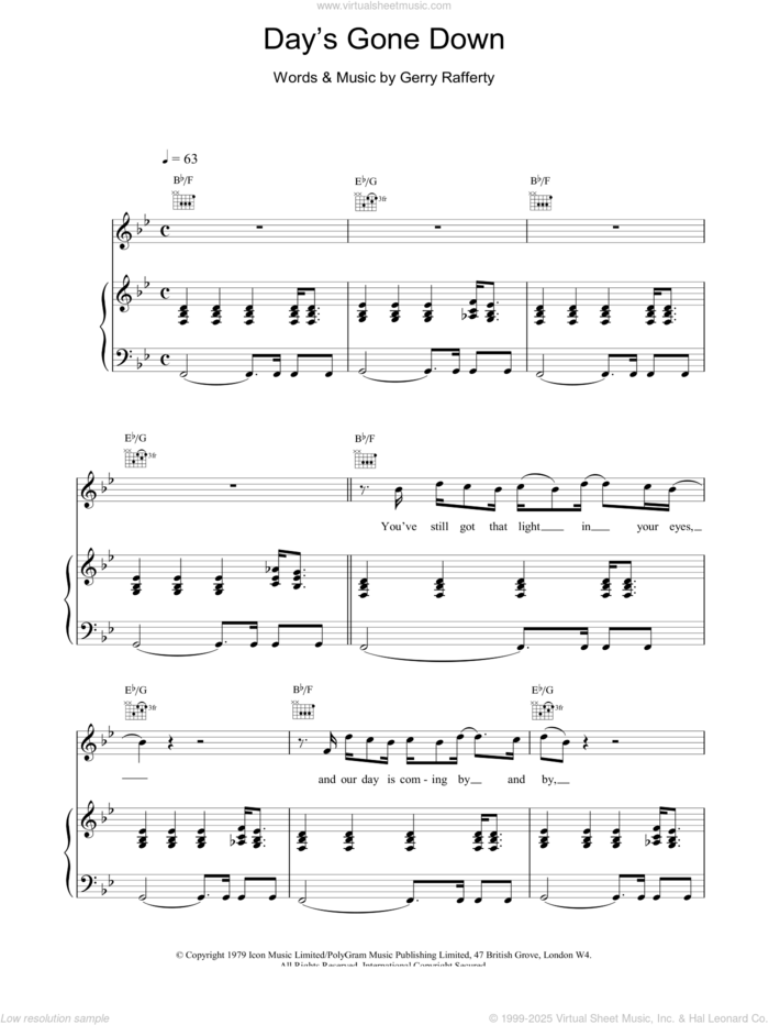 Day's Gone Down sheet music for voice, piano or guitar by Gerry Rafferty, intermediate skill level