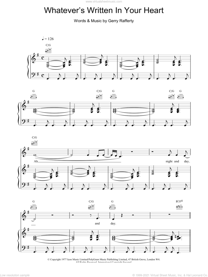 Whatever's Written In Your Heart sheet music for voice, piano or guitar by Gerry Rafferty, intermediate skill level