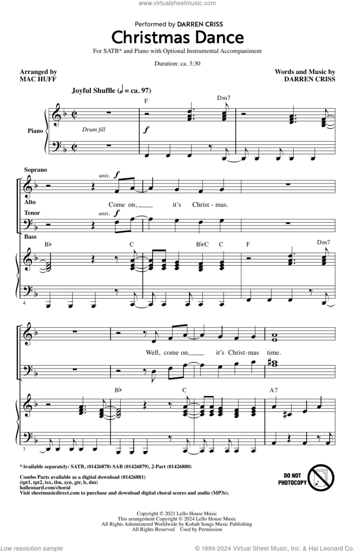 Christmas Dance (arr. Mac Huff) sheet music for choir (SATB: soprano, alto, tenor, bass) by Darren Criss and Mac Huff, intermediate skill level