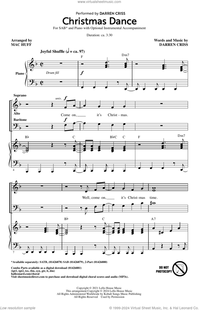 Christmas Dance (arr. Mac Huff) sheet music for choir (SAB: soprano, alto, bass) by Darren Criss and Mac Huff, intermediate skill level