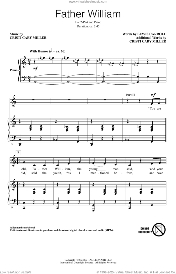 Father William sheet music for choir (2-Part) by Cristi Cary Miller and Lewis Carroll, intermediate duet