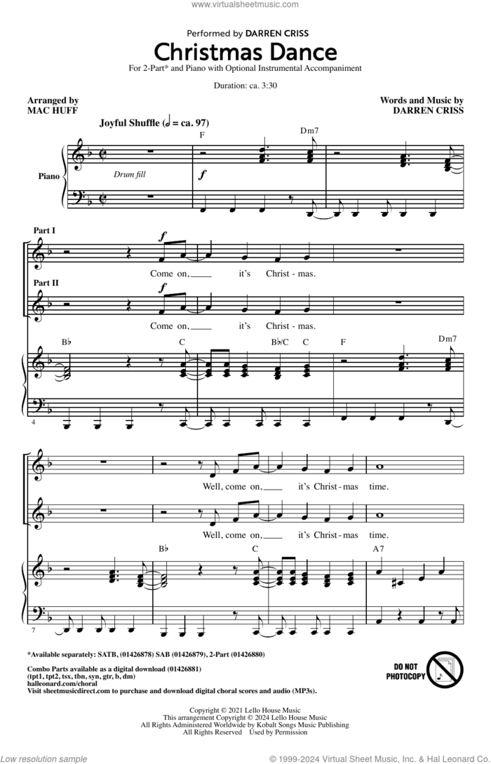Christmas Dance (arr. Mac Huff) sheet music for choir (2-Part) by Darren Criss and Mac Huff, intermediate duet
