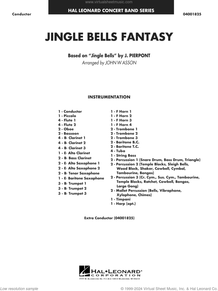 Jingle Bells Fantasy (arr. John Wasson) (COMPLETE) sheet music for concert band by James Pierpont and John Wasson, intermediate skill level