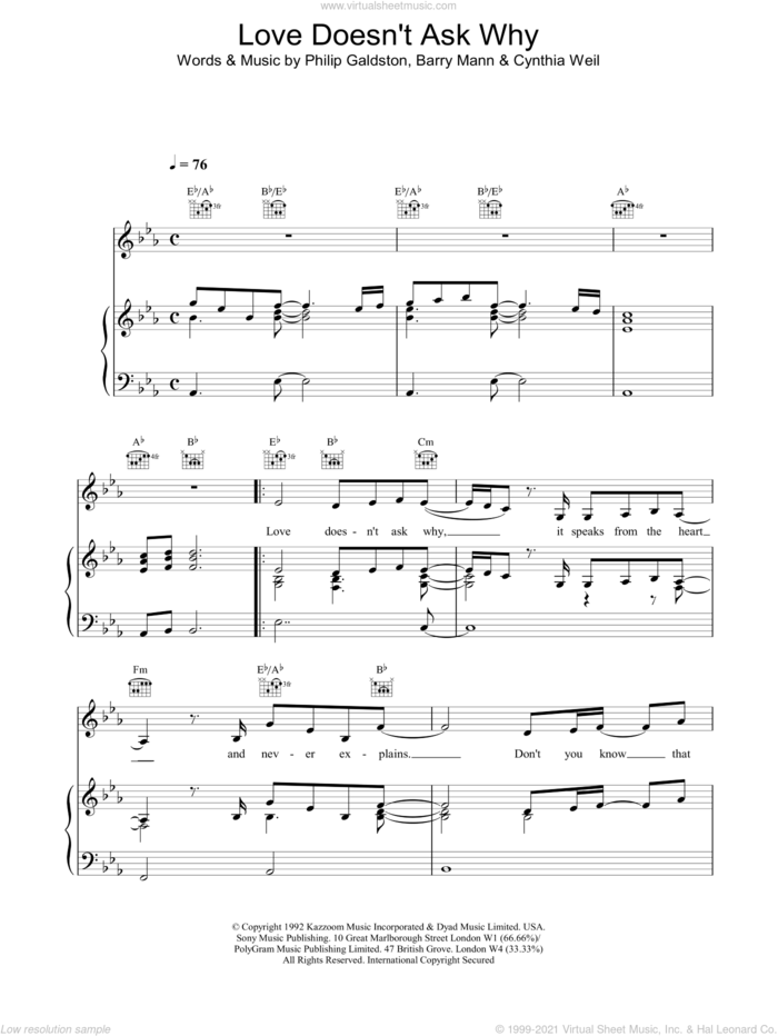 Love Doesn't Ask Why sheet music for voice, piano or guitar by Celine Dion, intermediate skill level