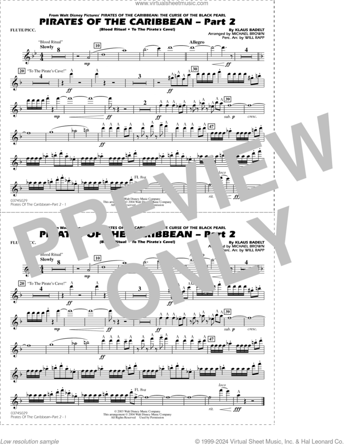 Pirates of the Caribbean, part 2 (arr. michael brown) sheet music for marching band (flute/piccolo) by Klaus Badelt, Michael Brown and Will Rapp, intermediate skill level