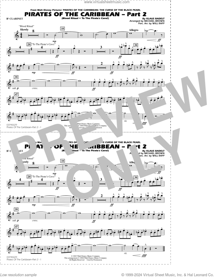 Pirates of the Caribbean, part 2 (arr. michael brown) sheet music for marching band (Bb clarinet) by Klaus Badelt, Michael Brown and Will Rapp, intermediate skill level