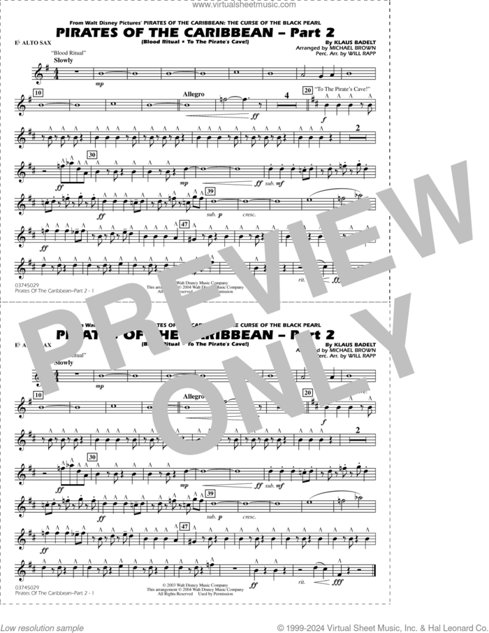 Pirates of the Caribbean, part 2 (arr. michael brown) sheet music for marching band (Eb alto sax) by Klaus Badelt, Michael Brown and Will Rapp, intermediate skill level