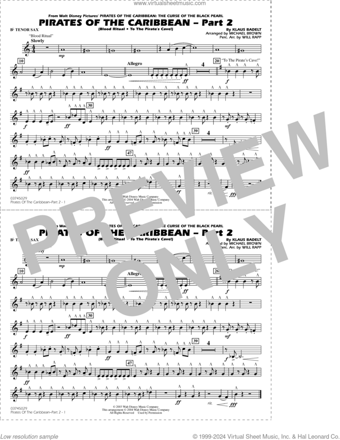 Pirates of the Caribbean, part 2 (arr. michael brown) sheet music for marching band (Bb tenor sax) by Klaus Badelt, Michael Brown and Will Rapp, intermediate skill level