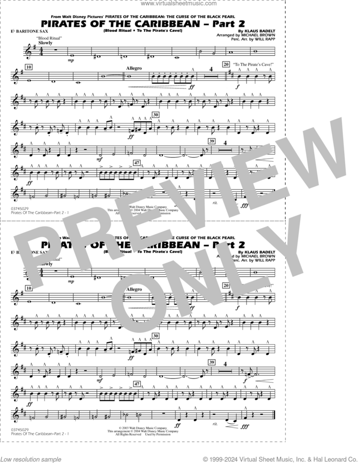 Pirates of the Caribbean, part 2 (arr. michael brown) sheet music for marching band (Eb baritone sax) by Klaus Badelt, Michael Brown and Will Rapp, intermediate skill level