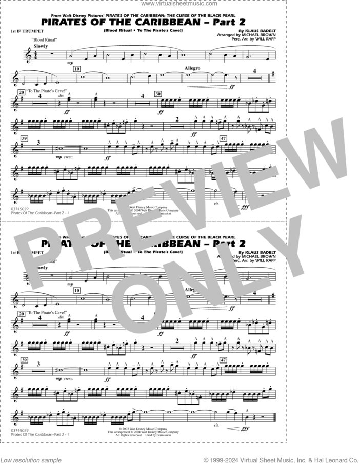 Pirates of the Caribbean, part 2 (arr. michael brown) sheet music for marching band (1st Bb trumpet) by Klaus Badelt, Michael Brown and Will Rapp, intermediate skill level