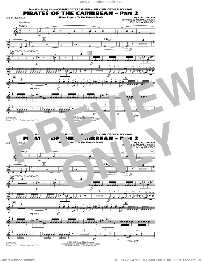 Pirates of the Caribbean, part 2 (arr. michael brown) sheet music for marching band (2nd Bb trumpet) by Klaus Badelt, Michael Brown and Will Rapp, intermediate skill level