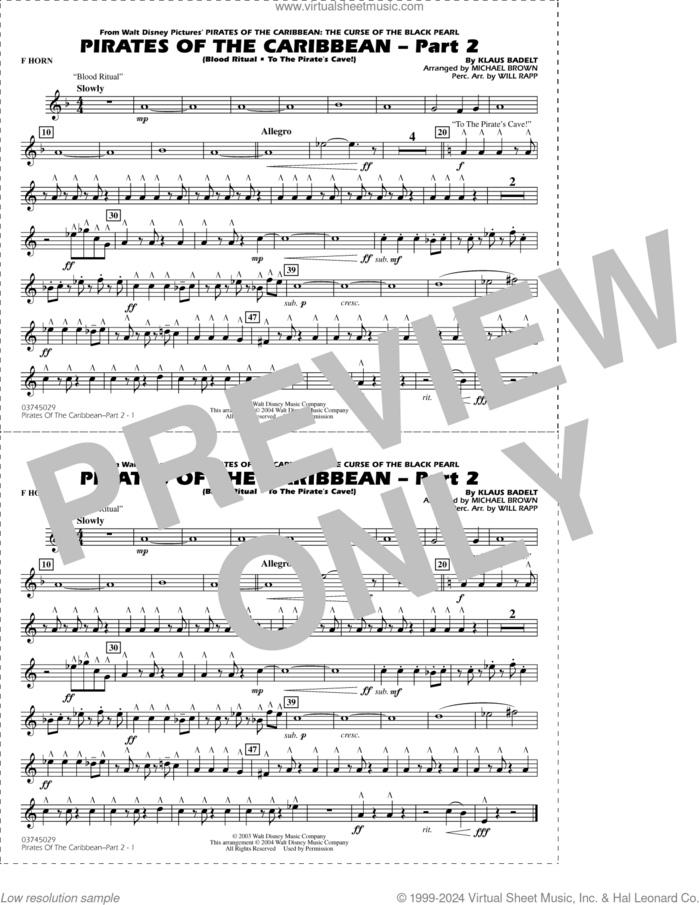 Pirates of the Caribbean, part 2 (arr. michael brown) sheet music for marching band (f horn) by Klaus Badelt, Michael Brown and Will Rapp, intermediate skill level