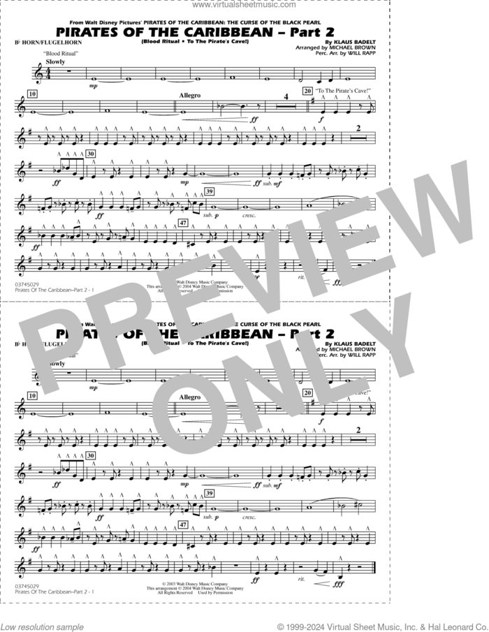 Pirates of the Caribbean, part 2 (arr. michael brown) sheet music for marching band (Bb horn/flugelhorn) by Klaus Badelt, Michael Brown and Will Rapp, intermediate skill level