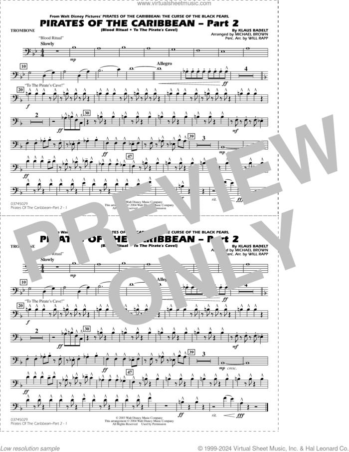 Pirates of the Caribbean, part 2 (arr. michael brown) sheet music for marching band (trombone) by Klaus Badelt, Michael Brown and Will Rapp, intermediate skill level