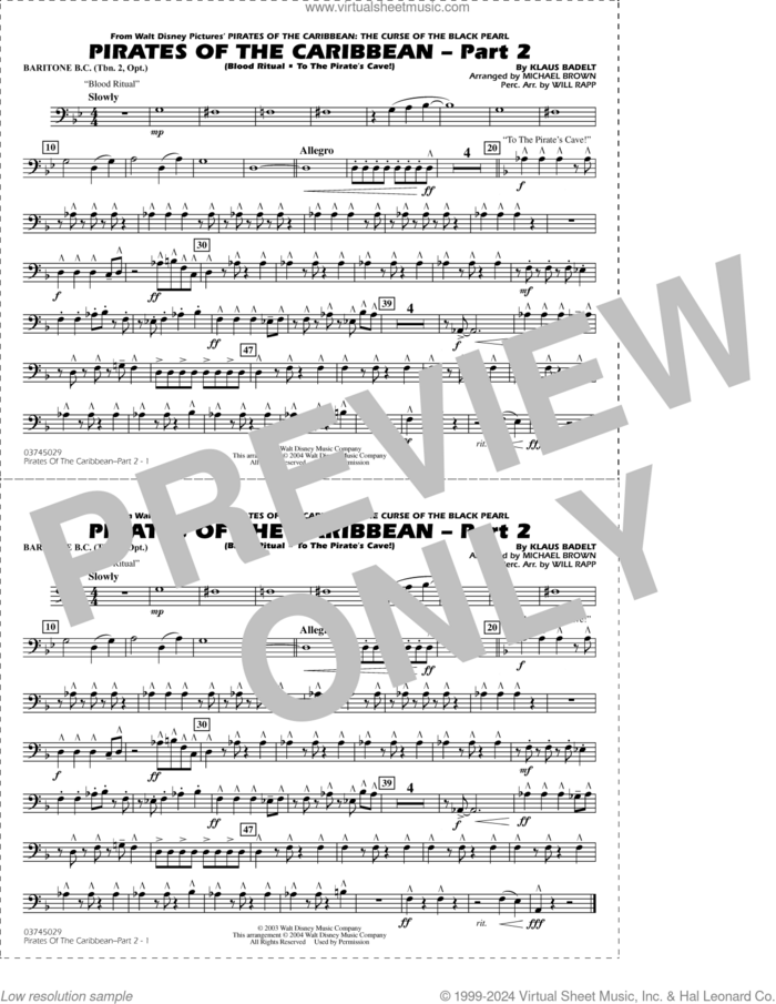 Pirates of the Caribbean, part 2 (arr. michael brown) sheet music for marching band (baritone b.c., opt. tbn. 2) by Klaus Badelt, Michael Brown and Will Rapp, intermediate skill level