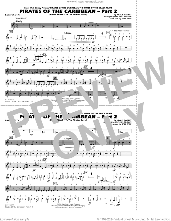 Pirates of the Caribbean, part 2 (arr. michael brown) sheet music for marching band (baritone t.c.) by Klaus Badelt, Michael Brown and Will Rapp, intermediate skill level