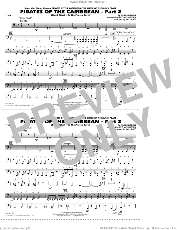 Pirates of the Caribbean, part 2 (arr. michael brown) sheet music for marching band (tuba) by Klaus Badelt, Michael Brown and Will Rapp, intermediate skill level
