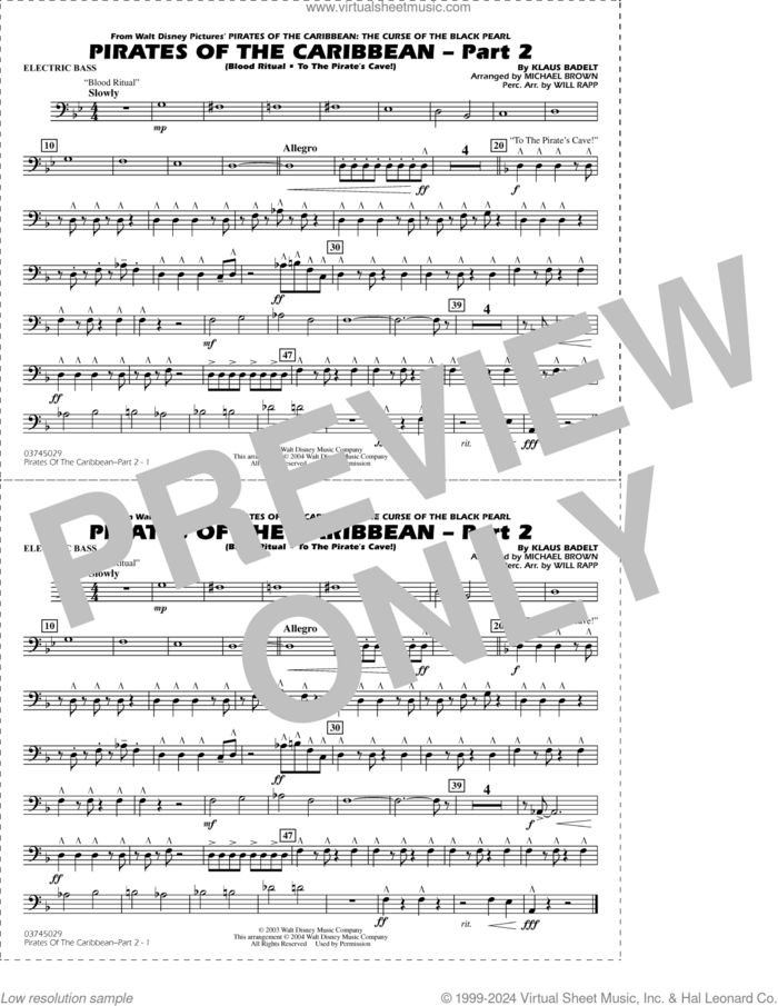 Pirates of the Caribbean, part 2 (arr. michael brown) sheet music for marching band (electric bass) by Klaus Badelt, Michael Brown and Will Rapp, intermediate skill level