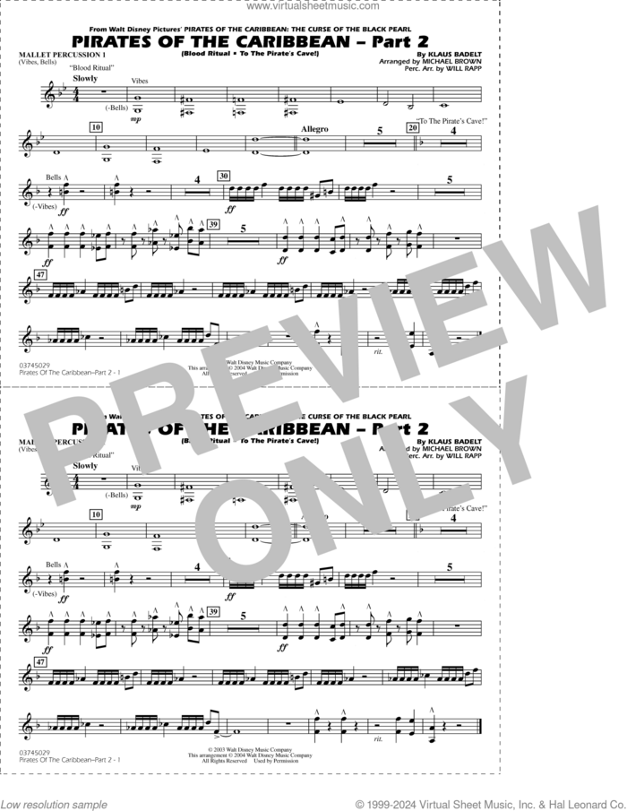 Pirates of the Caribbean, part 2 (arr. michael brown) sheet music for marching band (mallet percussion 1) by Klaus Badelt, Michael Brown and Will Rapp, intermediate skill level