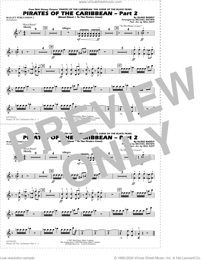 Pirates of the Caribbean, part 2 (arr. michael brown) sheet music for marching band (mallet percussion 2) by Klaus Badelt, Michael Brown and Will Rapp, intermediate skill level