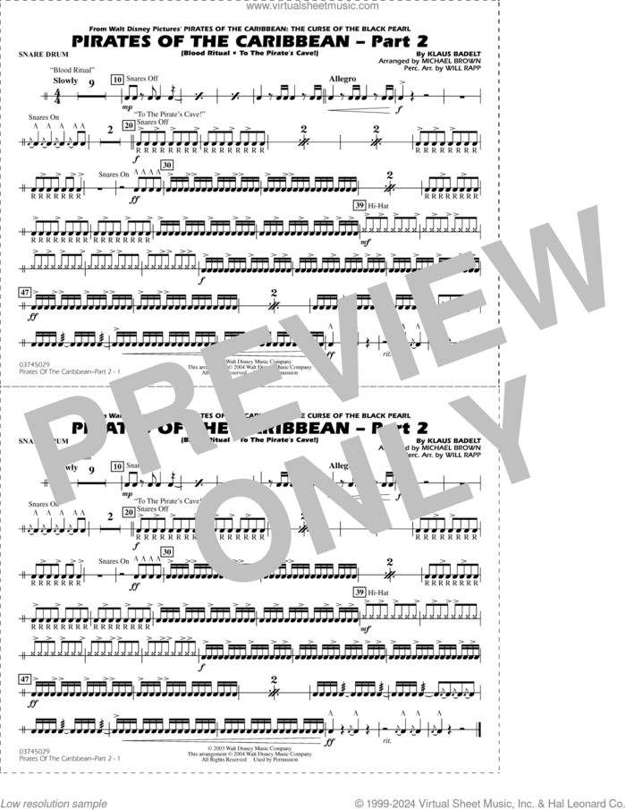 Pirates of the Caribbean, part 2 (arr. michael brown) sheet music for marching band (snare drum) by Klaus Badelt, Michael Brown and Will Rapp, intermediate skill level