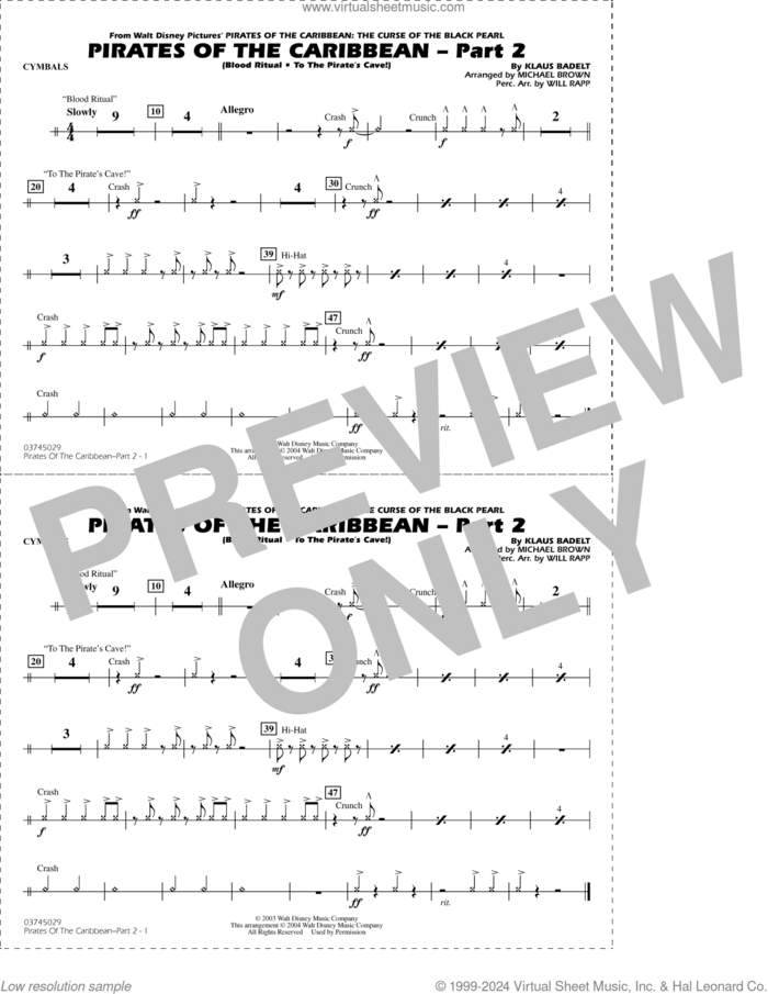 Pirates of the Caribbean, part 2 (arr. michael brown) sheet music for marching band (cymbals) by Klaus Badelt, Michael Brown and Will Rapp, intermediate skill level