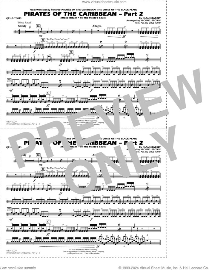 Pirates of the Caribbean, part 2 (arr. michael brown) sheet music for marching band (quad toms) by Klaus Badelt, Michael Brown and Will Rapp, intermediate skill level