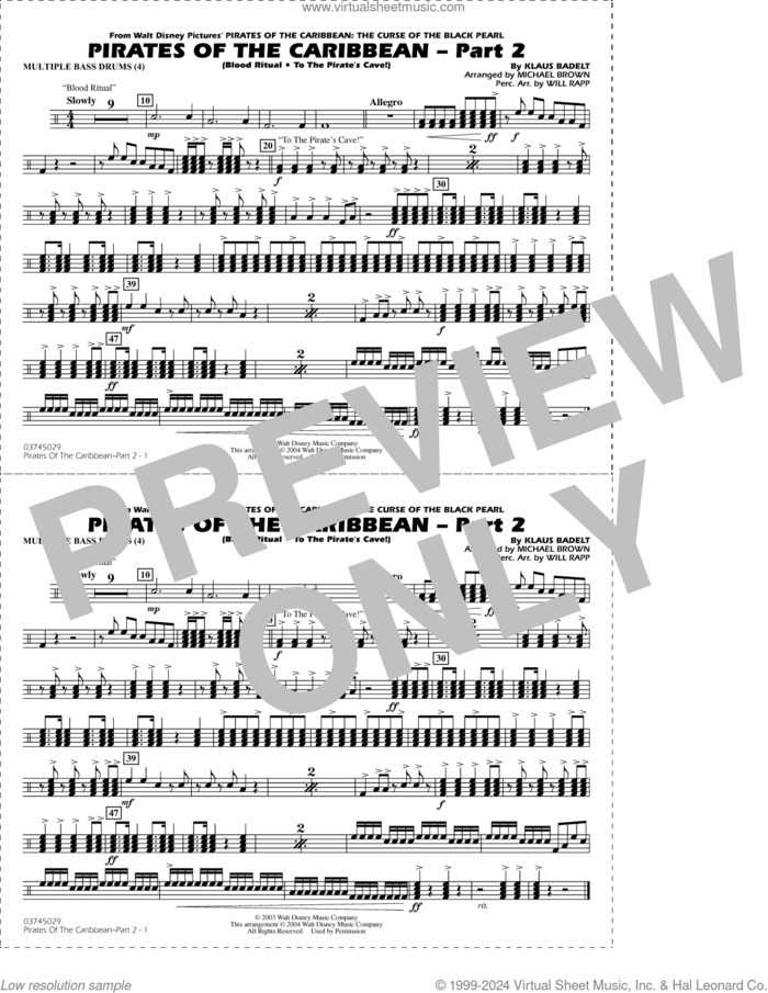 Pirates of the Caribbean, part 2 (arr. michael brown) sheet music for marching band (multiple bass drums) by Klaus Badelt, Michael Brown and Will Rapp, intermediate skill level