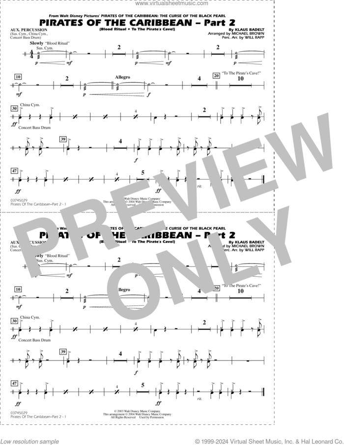 Pirates of the Caribbean, part 2 (arr. michael brown) sheet music for marching band (aux percussion) by Klaus Badelt, Michael Brown and Will Rapp, intermediate skill level