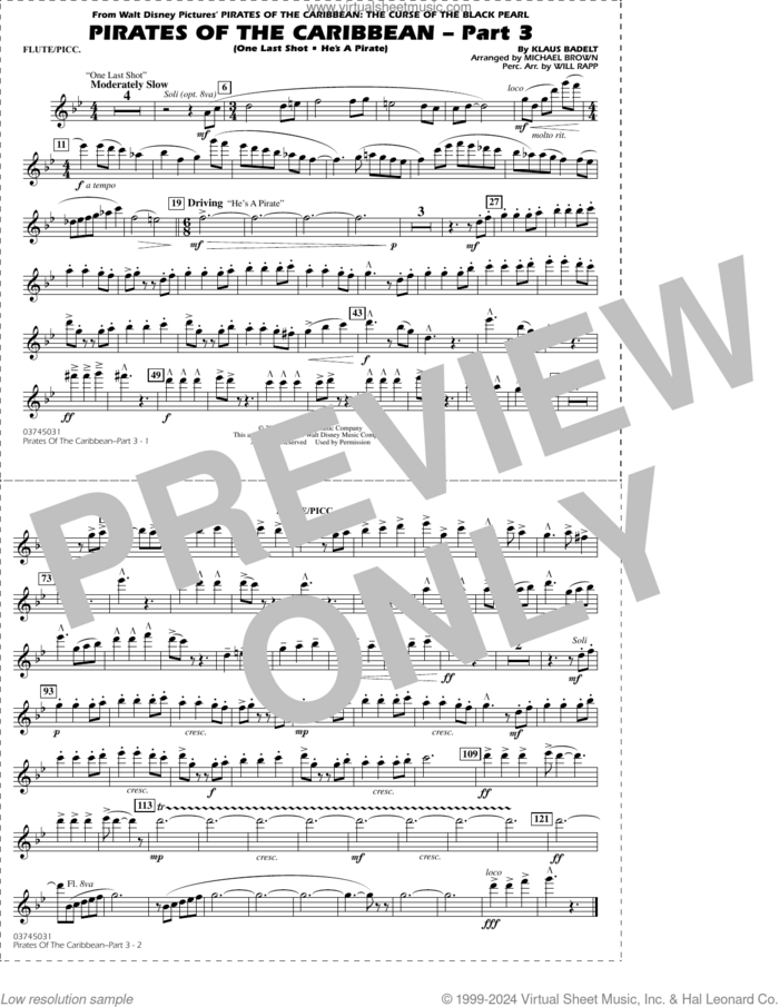 Pirates of the Caribbean, part 3 (arr. michael brown) sheet music for marching band (flute/piccolo) by Klaus Badelt, Michael Brown and Will Rapp, intermediate skill level