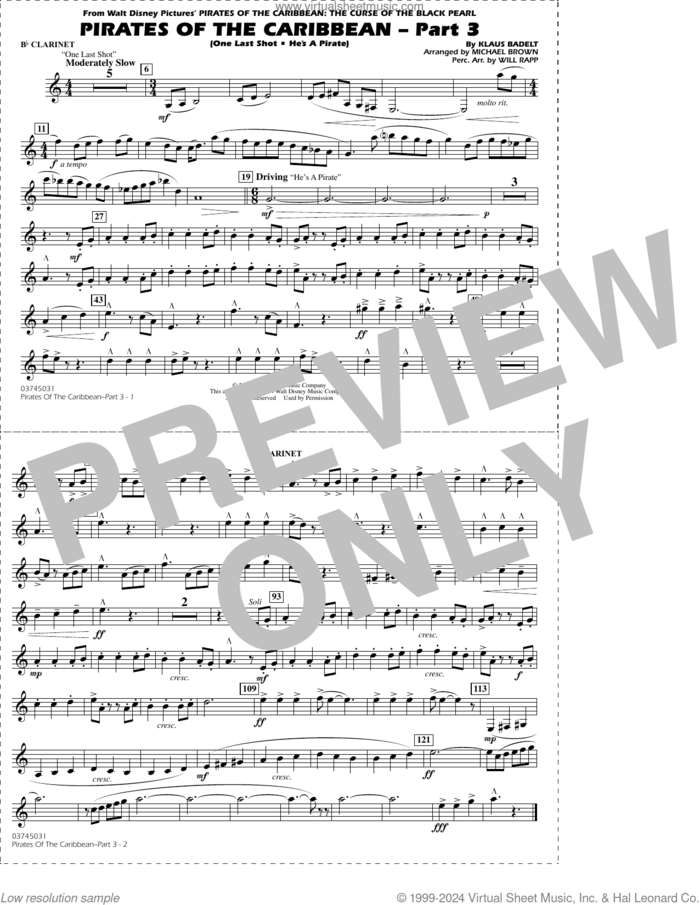 Pirates of the Caribbean, part 3 (arr. michael brown) sheet music for marching band (Bb clarinet) by Klaus Badelt, Michael Brown and Will Rapp, intermediate skill level