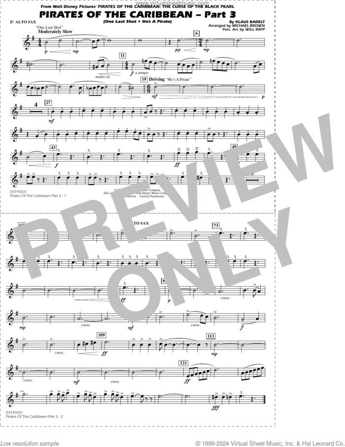 Pirates of the Caribbean, part 3 (arr. michael brown) sheet music for marching band (Eb alto sax) by Klaus Badelt, Michael Brown and Will Rapp, intermediate skill level