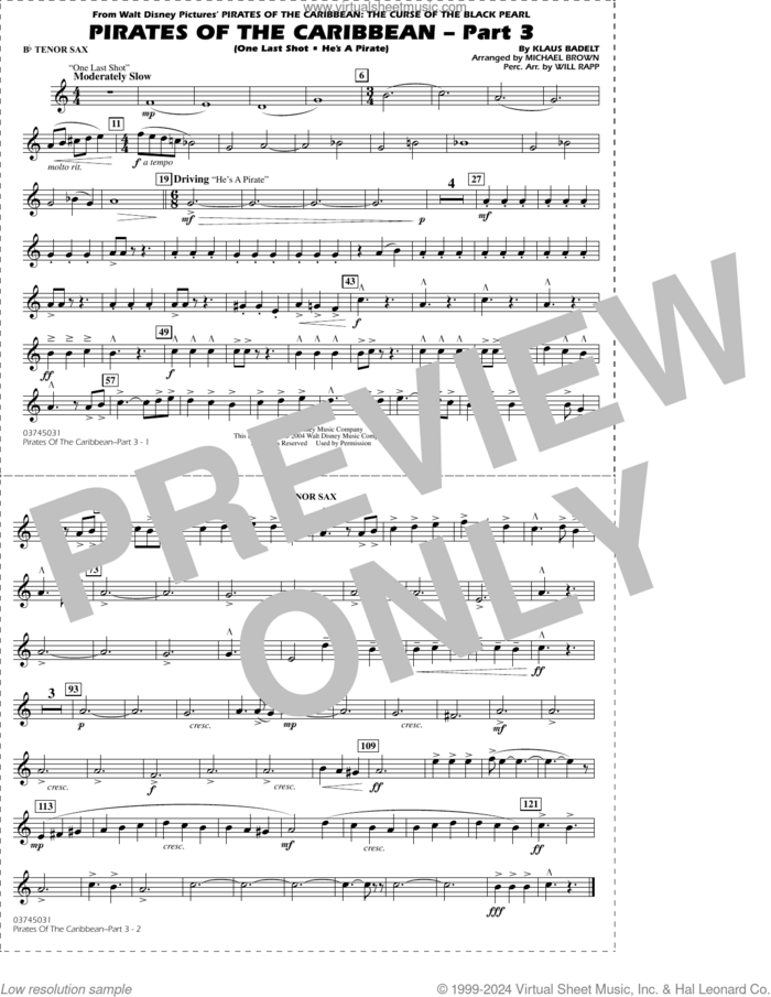 Pirates of the Caribbean, part 3 (arr. michael brown) sheet music for marching band (Bb tenor sax) by Klaus Badelt, Michael Brown and Will Rapp, intermediate skill level