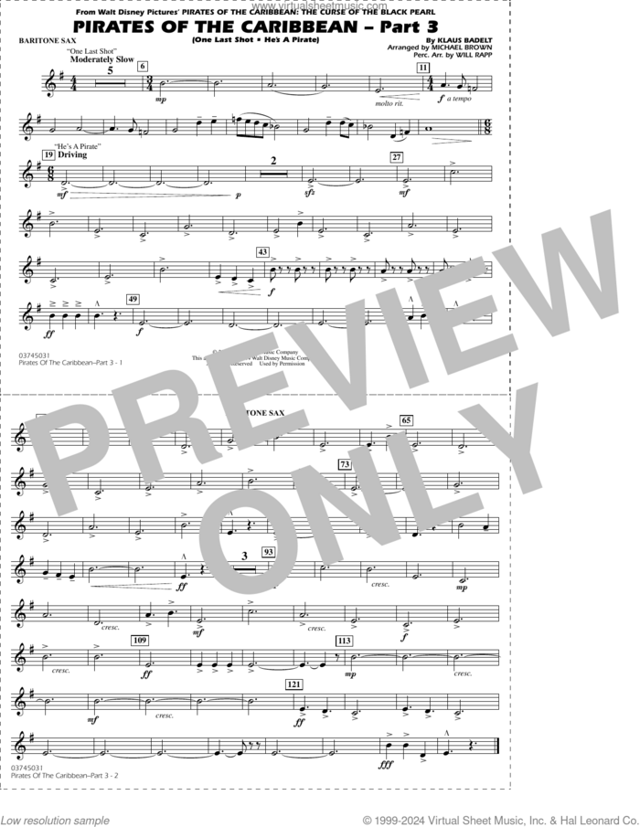 Pirates of the Caribbean, part 3 (arr. michael brown) sheet music for marching band (Eb baritone sax) by Klaus Badelt, Michael Brown and Will Rapp, intermediate skill level