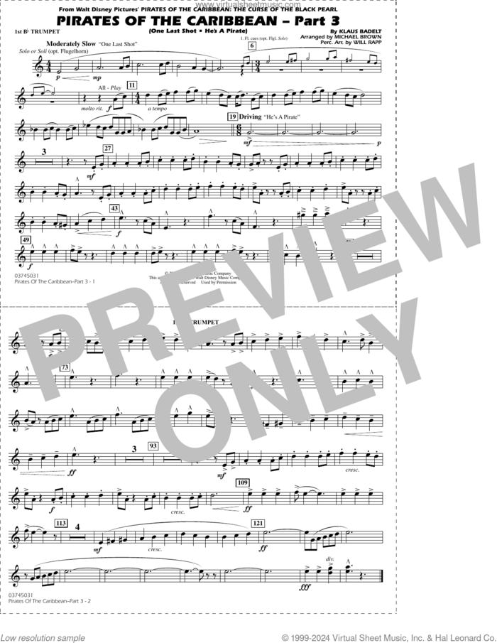 Pirates of the Caribbean, part 3 (arr. michael brown) sheet music for marching band (1st Bb trumpet) by Klaus Badelt, Michael Brown and Will Rapp, intermediate skill level