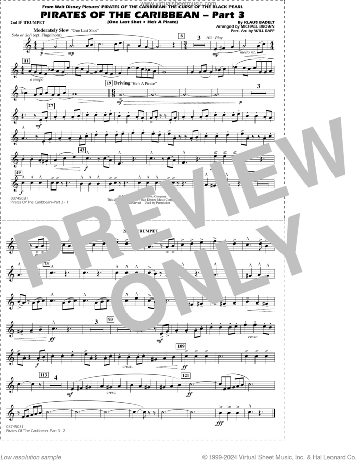 Pirates of the Caribbean, part 3 (arr. michael brown) sheet music for marching band (2nd Bb trumpet) by Klaus Badelt, Michael Brown and Will Rapp, intermediate skill level