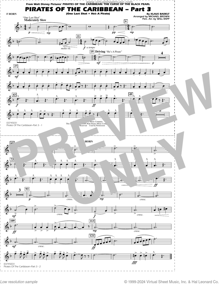 Pirates of the Caribbean, part 3 (arr. michael brown) sheet music for marching band (f horn) by Klaus Badelt, Michael Brown and Will Rapp, intermediate skill level