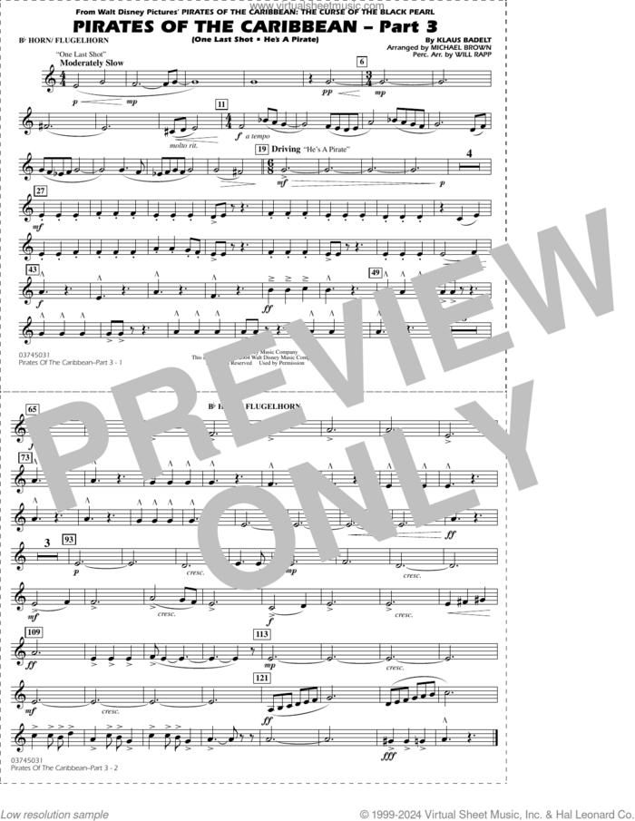 Pirates of the Caribbean, part 3 (arr. michael brown) sheet music for marching band (Bb horn/flugelhorn) by Klaus Badelt, Michael Brown and Will Rapp, intermediate skill level